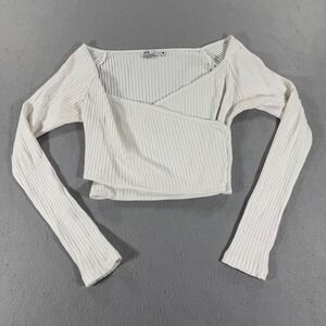 Zara Ribbed Wrap Crop Top Cream Long Sleeve Surplice Womens‎ Medium